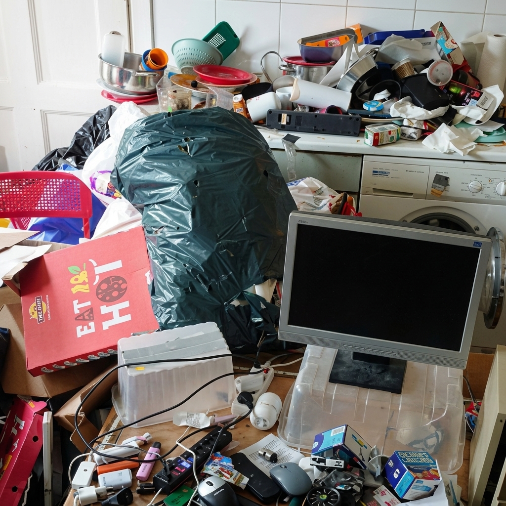 Messie-Wohnung Küche mit Müll und Unordnung vor der Entrümpelung in NRW