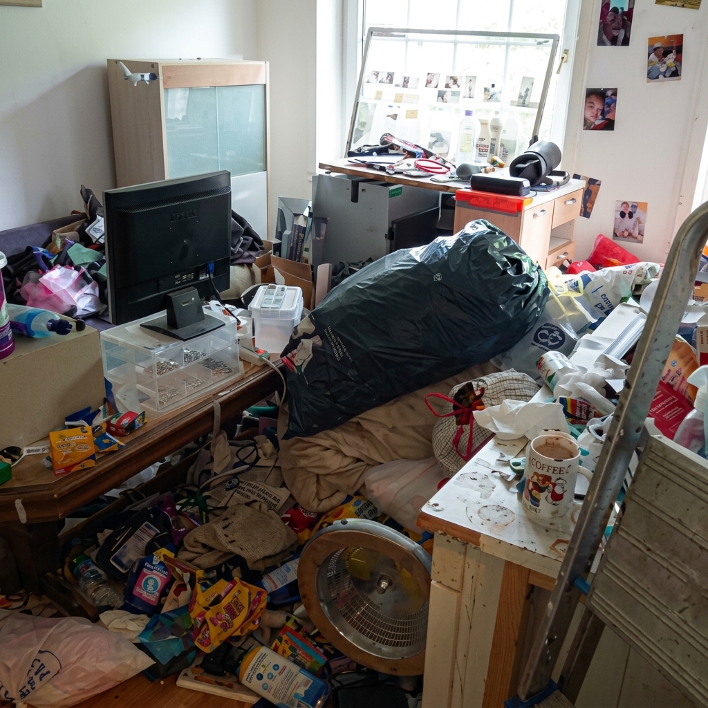 Überfülltes Zimmer mit Unordnung und Kisten vor der Entrümpelung
