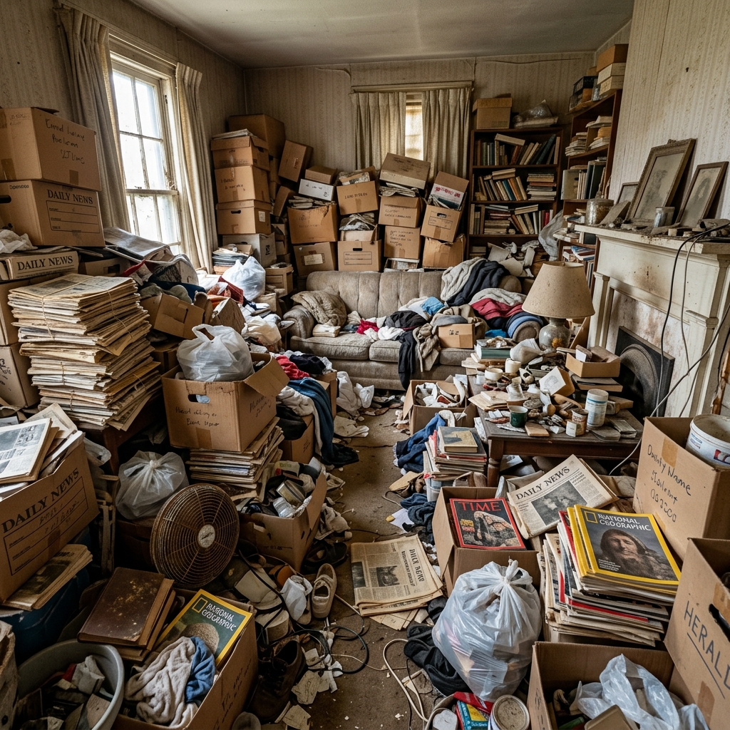 Extrem zugestelltes Wohnzimmer im Messie-Haushalt vor der Räumung